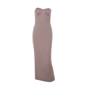 Slim fit knitted strapless maxi dress in dusty rose with a minimalist tube top silhouette