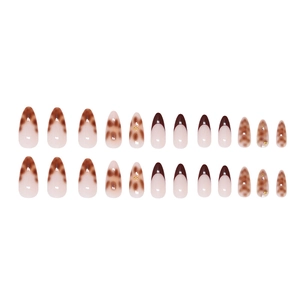 Brown leopard gradient almond press-on nails set with gold micro-beads for autumn style