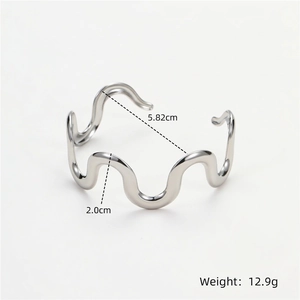 Polished silver stainless steel wavy cuff bracelet, 5.82cm span and 12.9g weight