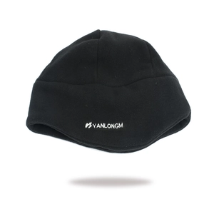 Detailed white flame embroidery and brand logo on a black thermal fleece balaclava mask