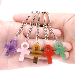 Polished Natural Stone Ankh Keychain Egyptian Symbol Of Life Cross Pendant Amethyst Tiger Eye Keychain For Men Women Gift