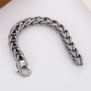 Vintage silver punk style braided titanium steel bracelet for men with lobster clasp