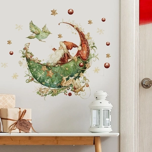 Christmas Wall Sticker Santa Claus Moon Deer Bird PVC Removable Self Adhesive Decal Living Room Bedroom Festive Decor