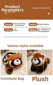 Detail of plush raccoon shoulder bag and stuffed toy with soft PP cotton filling