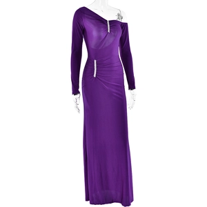Detail view of purple one-shoulder evening dress with rhinestone shoulder and waist accents