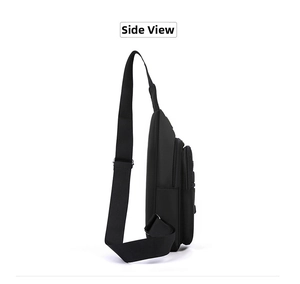 Side view of multi-compartment black waterproof oxford crossbody bag with zippers