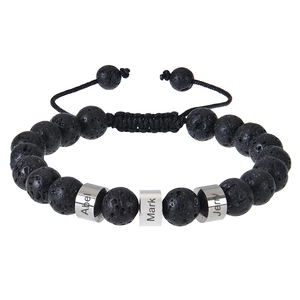 Customized braided bracelet with black lava stones and engraved metal name rings