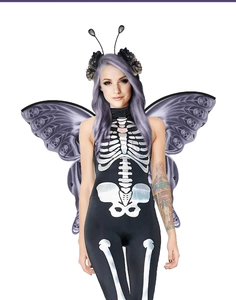 Detail showing female skeleton print bodysuit and purple skull butterfly wings costume