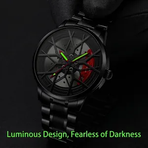 Luminous hub wheel men's watch with black steel strap and red brake caliper design