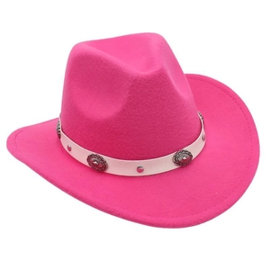 Close-up of pink wool fedora featuring a white belt with vintage silver concho buckles