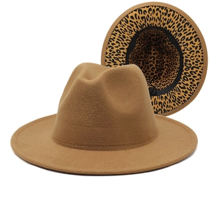 Detail view of the camel fedora hat featuring a stylish leopard print inner lining