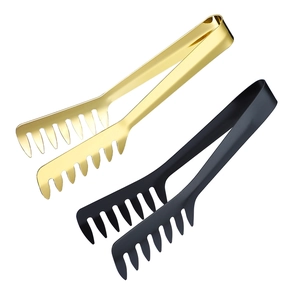 Polished stainless steel pasta tongs in gold and black finish on white background