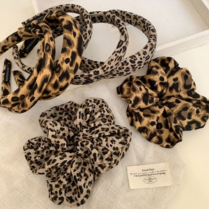 Retro leopard print fabric headband and matching scrunchie set in high crown style