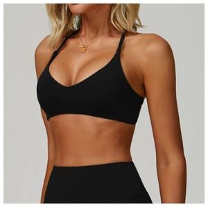 Reggiseno sportivo nero con scollo a V, spalline sottili e tessuto elastico opaco