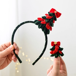 Christmas reindeer antler headband and clip set with red and green velvet ornaments