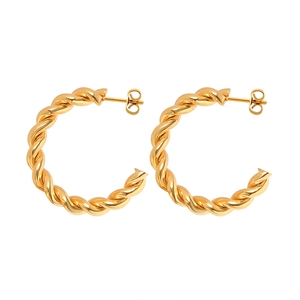 French style gold twisted rope C-shaped hoop earrings in polished titanium steel