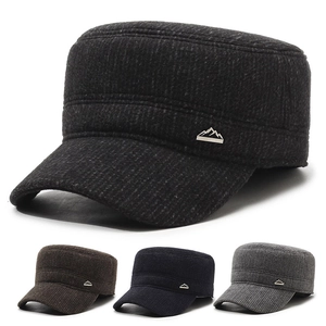 Men Cadet Cap Woolen Tweed Winter Flat Top Hat With Foldable Ear Flaps Warm Windproof Adjustable Outdoor Style