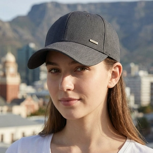 Men's dark grey baseball cap with extended brim and gold fashion metal plaque detail