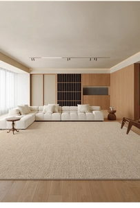Modern beige woven textured carpet in a minimalist living room setup with L-shaped sofa