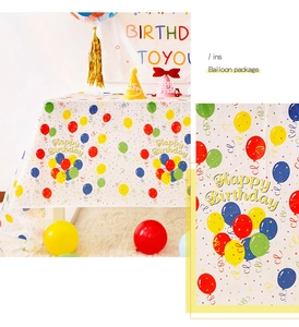 Detail of waterproof party tablecloth with colorful balloons and Happy Birthday print