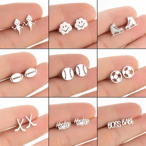Stainless Steel Stud Earrings For Women Niche Sport Theme Football Rugby Baseball Ice Skates Hockey Mom Letter Cloud