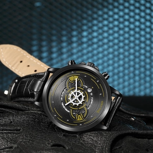 YOLAKO Men's Fashion Watch with Black Mechanical Dial and Leather Strap in a 45-degree View
