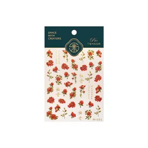 Stickers à ongles floraux mats série M-851 avec pivoines rouges et détails dorés