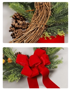 Macro detail of Christmas wreath with dried rattan base and red velvet bow texture