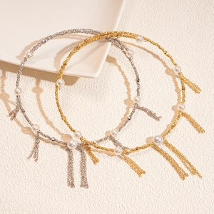 Elegant gold and silver choker necklaces with faux pearls and metal chain tassels