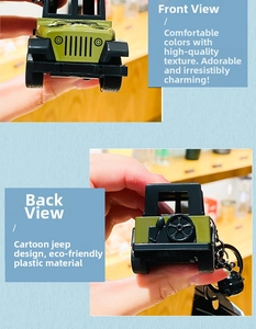 Detail view of the green cartoon jeep keychain featuring a 3D design with metal keyring