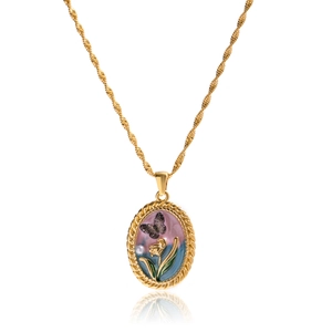 Collier vintage en acier inoxydable avec pendentif papillon doré et motifs floraux