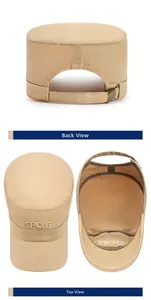 Detailed views of khaki cotton flat top hat showing back metal buckle and inner crown
