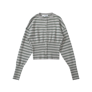 Close-up of gray striped knit cardigan with button front and ribbed cuffs detail