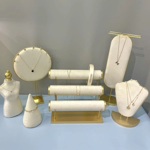Jewelry Display Stand Gold Metal Frame Beige Velvet Necklace Bracelet Ring Holder Mannequin Bust Showcase Organizer