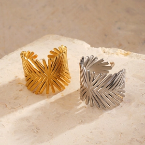 Minimalist 18K gold and silver plated geometric open rings on a stone display