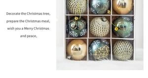Detail of 9-piece Nordic Christmas ball set with snowflakes and champagne gold textures