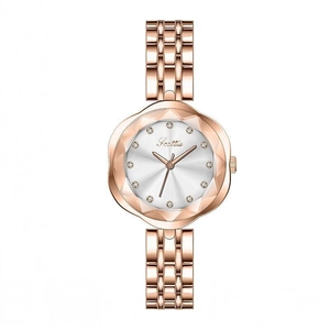 Elegant rose gold women's watch with flower-shaped bezel and sparkling crystal indices