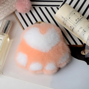 Rex rabbit fur cat paw plush keychain in pink and white for bags and car keys