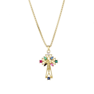 Gold cross necklace for women with colorful stones and Jesus crucifix pendant