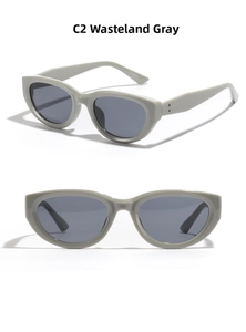 Detail view of wasteland grey cat eye sunglasses with rivet accents in two angles