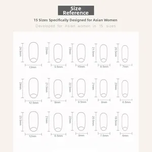 Size chart showing 15 different nail tip measurements for handmade cat eye press-on nails