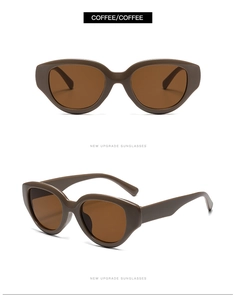 Front and side views of chunky coffee-colored cat-eye oval sunglasses for women