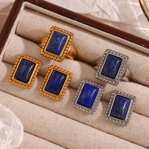 Vintage 18K gold and silver plated rectangular lapis lazuli rings and earrings set