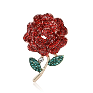Exquisite rose flower brooch with red and green rhinestones on gold metal plating