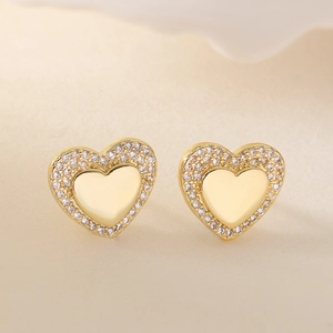 Minimalist 18K gold plated copper heart stud earrings with sparkling zircon halo