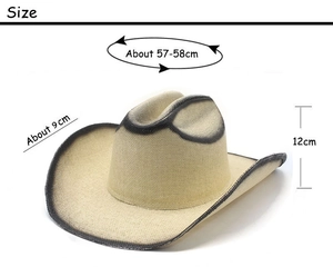 Western straw cowboy hat size guide with 57-58cm circumference and 9cm brim