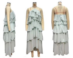 Detail of mint green tiered ruffle dress with halter neck and open back design