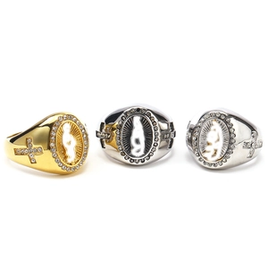 Religious hip hop ring with Virgin Mary relief and crosses in gold and silver plating