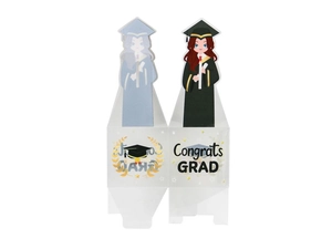 Detail showing blue and black graduation favor boxes with Congrats GRAD print