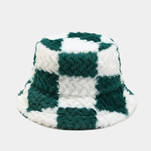 Winter plush checkerboard bucket hat in green and white fuzzy faux fur for women